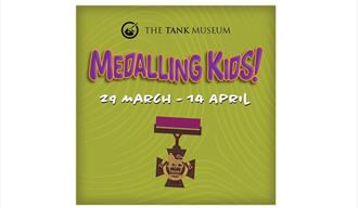Promotional poster for the tank museum with a medal at the centre with purple writing saying medalling kids