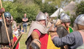 Vikings fight behind coloured shields with axes and swords.