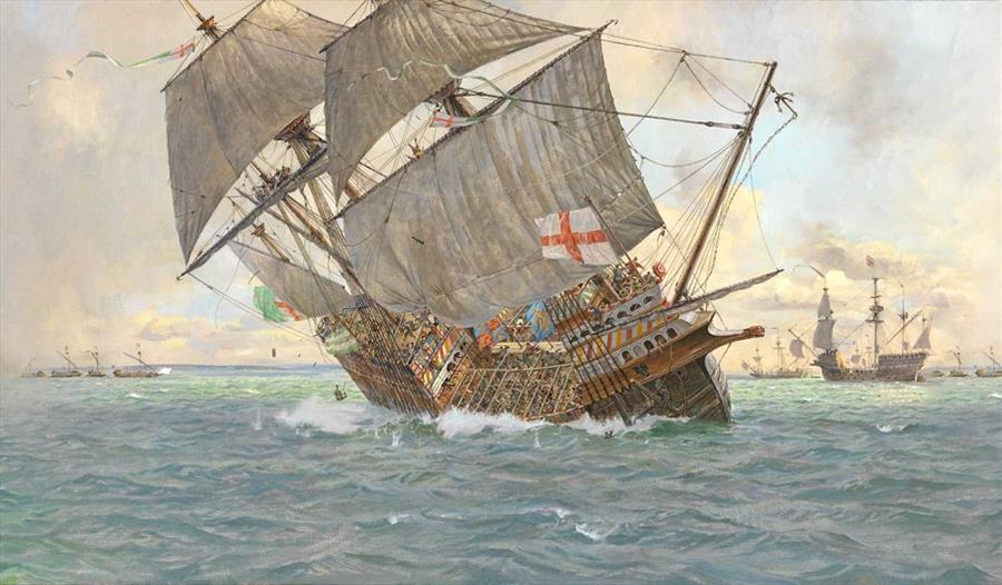 Painting of the Mary Rose about to sink in the Solent