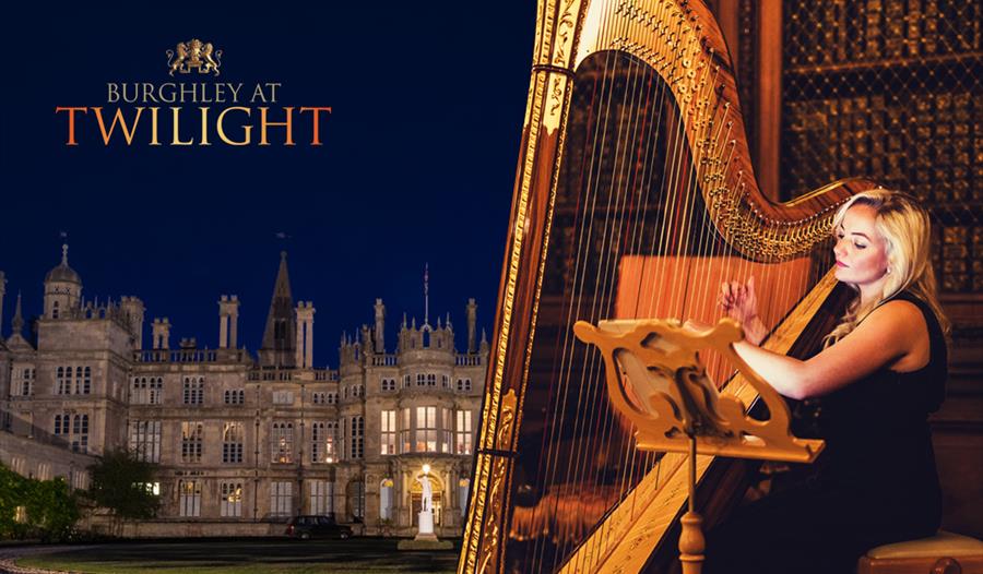Burghley at Twilight woman playing harp