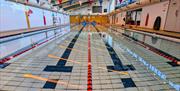 Pool tank with lane ropes.