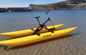 Aquabike Isle of Man Port Erin Bay Beach Yellow chiliboat up