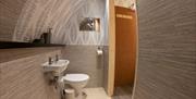 En suite bathroom with toilet, hand basin & walk-in shower