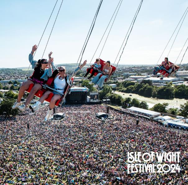People on the swing ride high in the sky at the Isle of Wight Festival