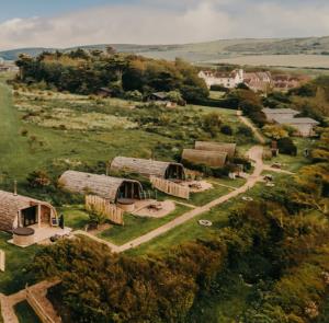 Aerial view of modulogs at Tapnell Farm on the Isle of Wight