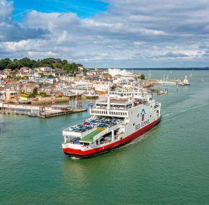 Red Funnel vehicle ferry sailing past Cowes on the Isle of Wight