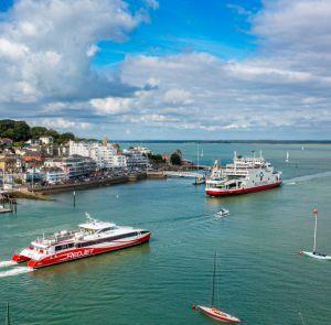 Red Funnel ferry and Red Jet sailing out of Cowes on the Isle of Wight
