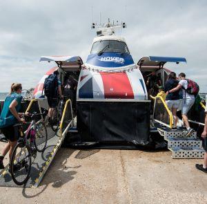 People boarding Hovertravel's hovercraft on the Isle of Wight