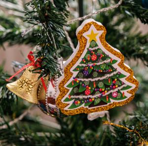 Decorations on a Christmas tree, Brighstone Christmas Tree Festival on the Isle of Wight