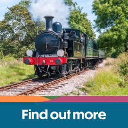 Train travelling along the tracks at Isle of Wight Steam Railway