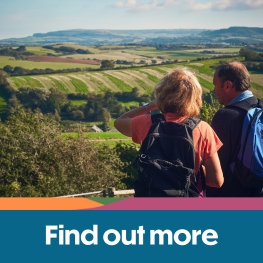 Man and woman standing looking at the countryside views whilst walking on the Isle of Wight