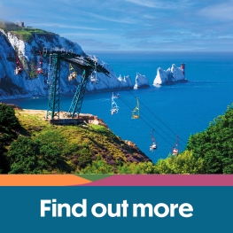 Chairlift at the Needles Landmark Attraction with a view of the needles, Isle of Wight