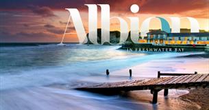 Outside view of The Albion Hotel with the hotel's logo, Freshwater, boutique hotel, luxury, Isle of Wight