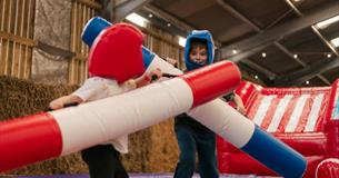 Two children playing in the gladiator arena at Tapnell Farm Park, Bouncy Barn Fun, event, what's on, Isle of Wight