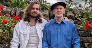 Ashley Hutchings and Blair Dunlop sitting together, music celebration, father and son, event, what's on, music event at Quay Arts, Newport, Isle of Wi