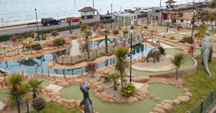 Aerial view of Jurassic Bay 18 hole adventure golf at Pirates Cove, Shanklin, Isle of Wight, activities, family