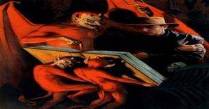 Isle of Wight, Things to do, Ventnor Fringe, Tales in the Key of Terror, Storytelling, image of devils overlooking man reading from large book.