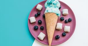 Blueberry Sea Swirl ice cream in a cone from the Isle of Wight Ice Cream Company, local producers, Isle of Wight, local produce, let's buy local