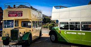Two buses at the Isle of Wight Bus & Coach Museum, attraction, family friendly, history