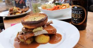 Roast and a bottle of garlic beer at The Garlic Farm Restaurant, food and drink, local produce