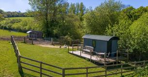 Aerial view of The Hut within the countryside, Godshill Park Farm, Isle of Wight, Self Catering