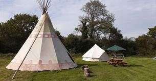 Outside view of tipi with a bell tent and picnic bench next door, Isle of Wight Tipi Holidays, glamping