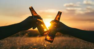 Two people clunking two bottles of beer together with a sunset behind, Beer, music and poetry festival at Waverley Park Holiday Centre, Isle of Wight,