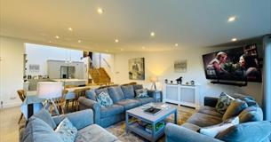 Open plan kitchen, dining and living areas at Woodlands, Seaview, Isle of Wight, self catering