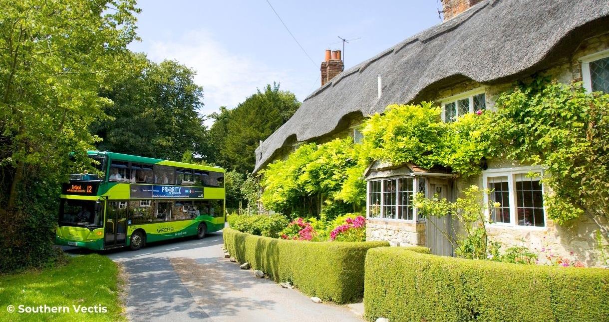 Southern Vectis bus travelling within the countryside on the Isle of Wight