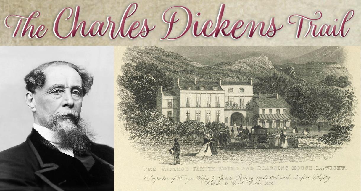 Portrait of Charles Dickens and an historic image of The Royal Hotel in Ventnor on the Isle of Wight