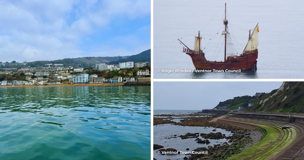 View of Ventnor from the sea, Santa Maria boat and the trail between Bonchurch and Ventnor on the Isle of Wight