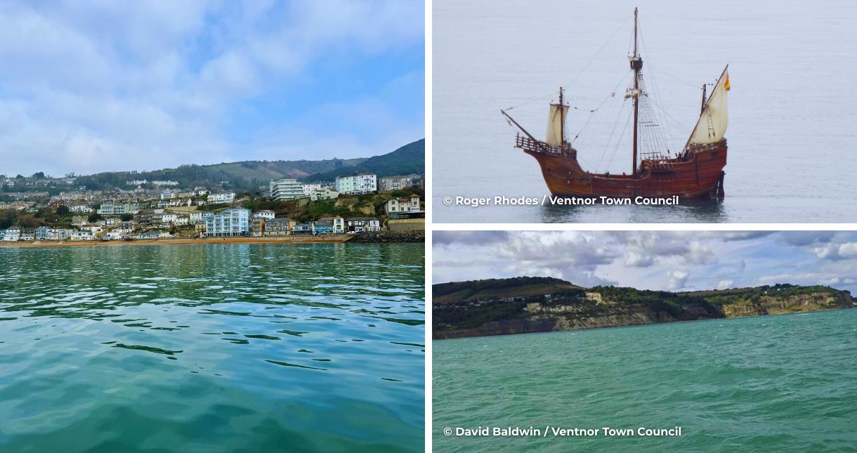 View of Ventnor from the sea, Santa Maria boat and a view of Dunnose from the site of the Armada's sea battle, Isle of Wight