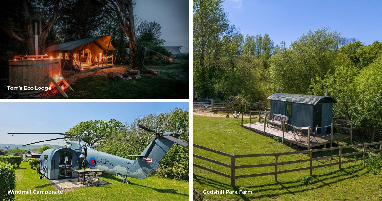 Outside view of a safari tent with hot tub, shepherds hut and helicopter places to stay on the Isle of Wight