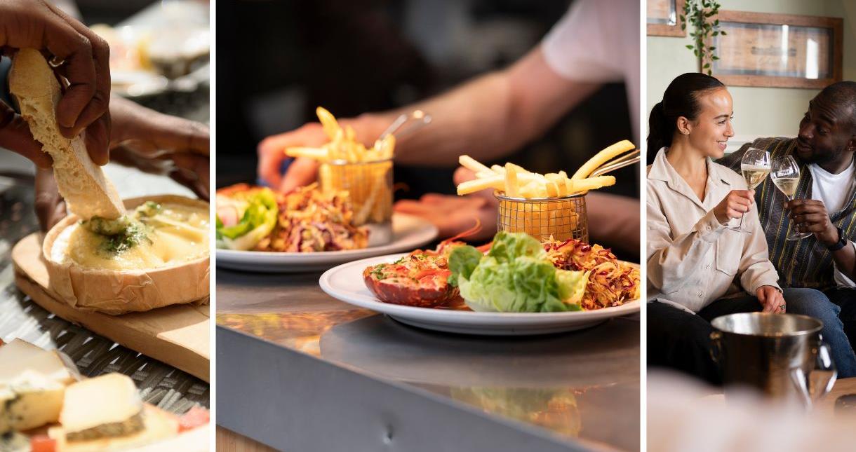 Variety of food available on the Isle of Wight and a couple enjoying a glass of wine