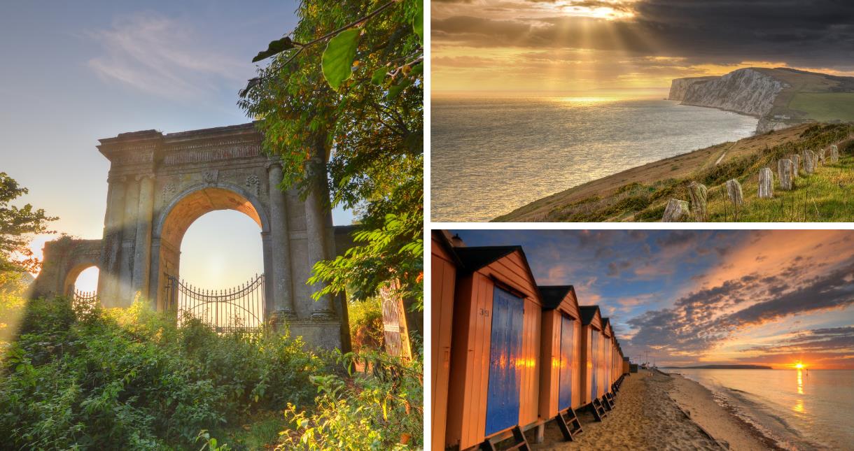 View of Freemantle Gate, Tennyson Down and the beach huts at Shanklin on the Isle of Wight