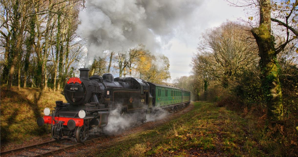 Steam train travelling through the woods on the Isle of Wight, Isle of Wight Steam Railway