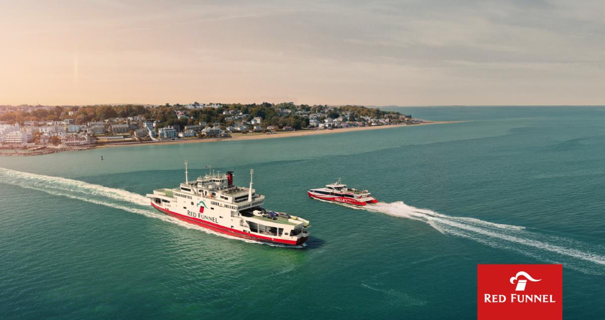 Red Funnel's vehicle ferry and red jet sailing on the water