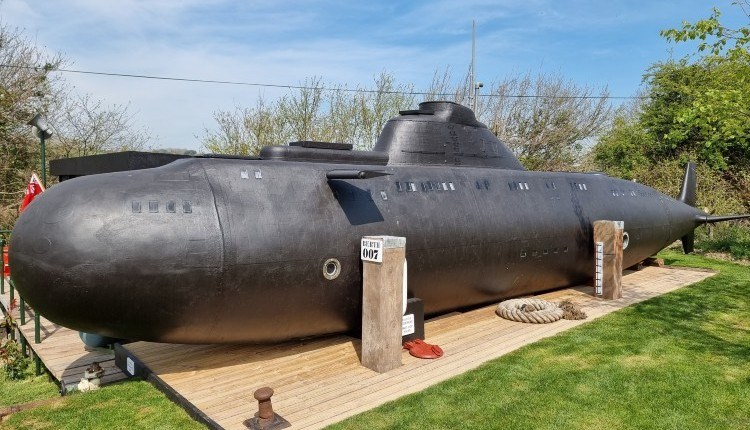 Outside view of HMS Bond submarine at Windmill Campersite, Isle of Wight, Glamping