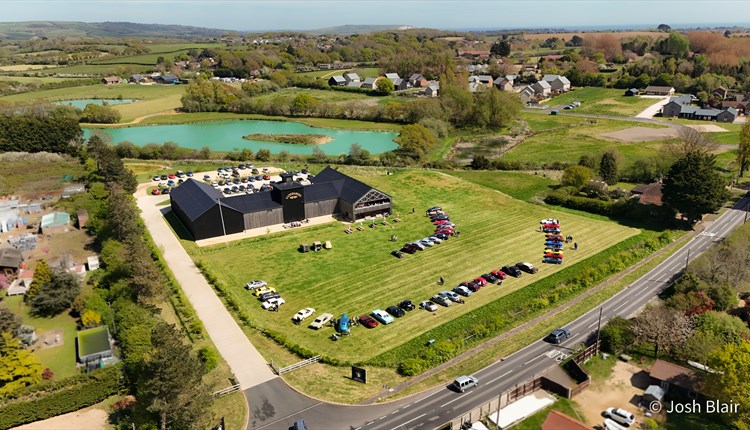 Aerial view of Goddards Brewery, vintage vehicles event, Isle of Wight, Summer, What's on