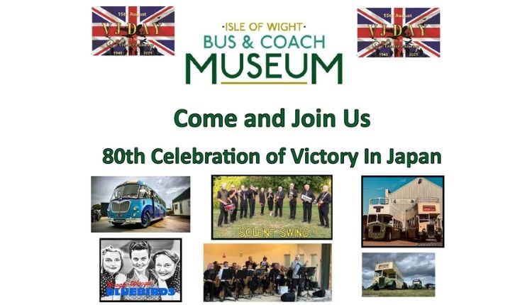 VJ celebration event poster at Isle of Wight Bus & Coach Museum, Ryde, history, what's on
