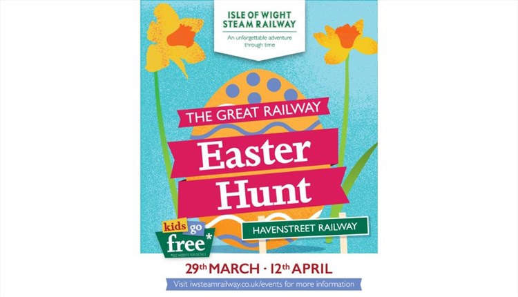 Easter egg hunt poster, Isle of Wight Steam Railway, Easter event, family fun, children's activities, steam railway, attraction, heritage