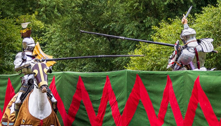 Knights competing in the grand medieval joust at the Legendary Joust at Carisbrooke Castle, history event, what's on