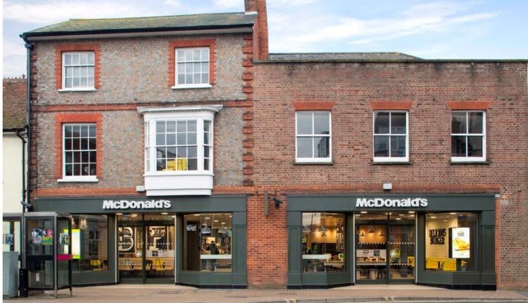 Outside view of the McDonald's restaurant in Newport, Isle of Wight, fast food, takeaway, eat in