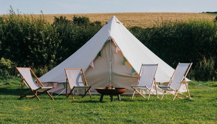 Deck chairs and fire outside bell tent, Island Bell Tents, glamping, self catering, Isle of Wight