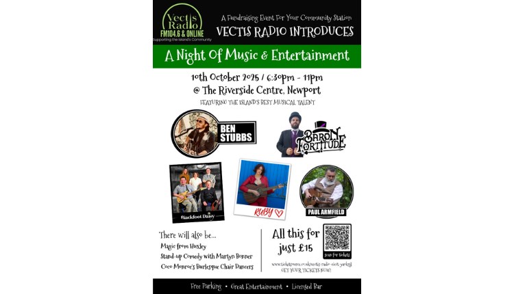 Fundraiser event poster, Vectis Radio, music and comedy event, Isle of Wight, what's on