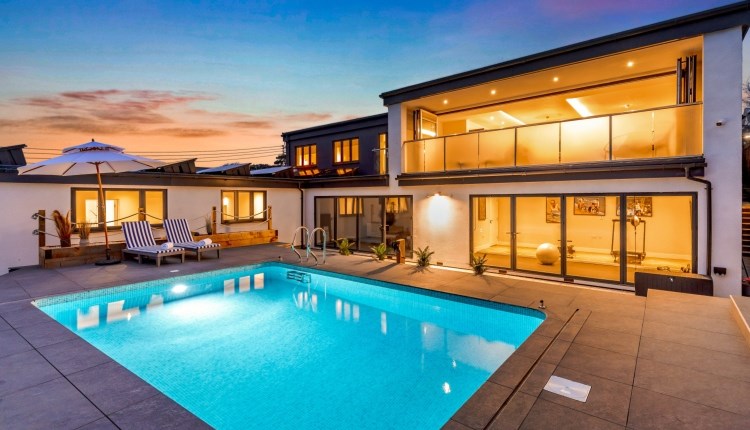 Isle of Wight, Accommodation, Palm Court Hotel, Shanklin, Pool with balcony overlooking in twilight