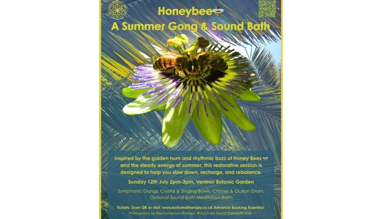 visit isle of wight, things to do, poster for bee themed summer gong and sound bath