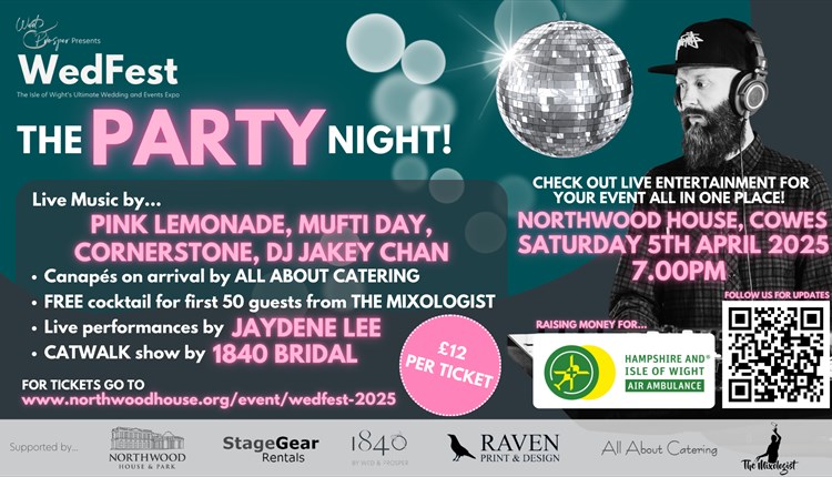 WedFest party night poster, music event, Northwood House, Isle of Wight