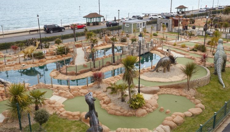 Aerial view of Jurassic Bay 18 hole adventure golf at Pirates Cove, Shanklin, Isle of Wight, activities, family