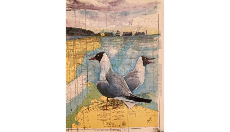 Isle of Wight, Things to do, Art Exhibition, watercolour picture of gulls on beach with needles in background
